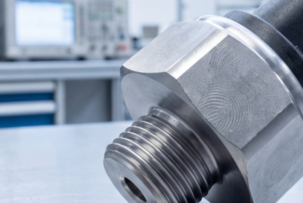 Plano detalle de un sensor de presión de riel Common Rail sobre la mesa de un laboratorio de diagnosis