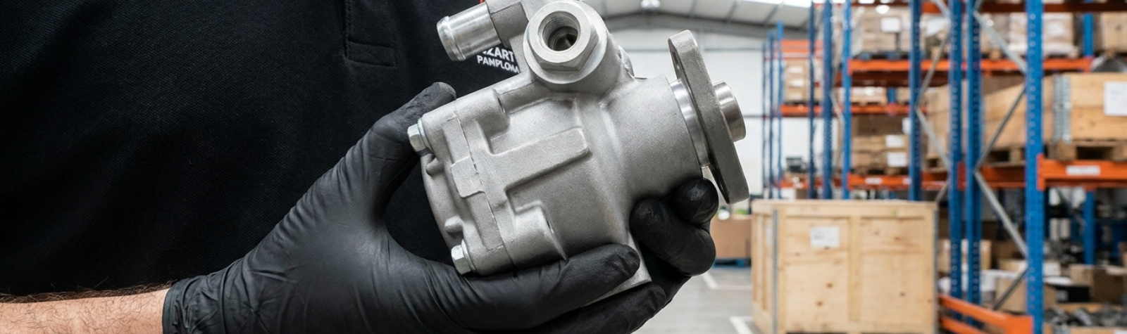 Técnico sosteniendo una bomba de dirección hidráulica reconstruida por Lizarte Pamplona