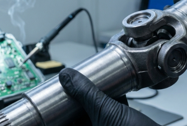 Técnico inspeccionando una cruceta de transmisión en laboratorio de reparación mecatrónica y electrónica ECU