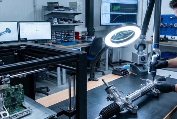 Técnico en un laboratorio de I+D analizando piezas mecánicas frente a pantallas con datos del parque vehicular para optimizar la cobertura VIO.