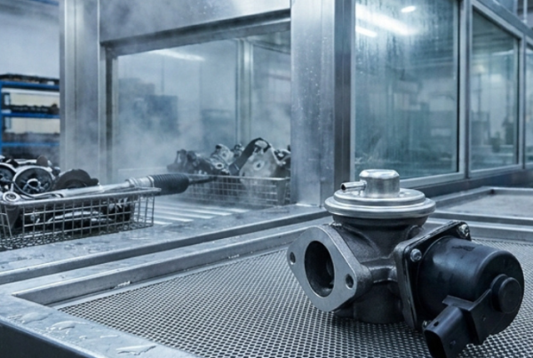 Válvula EGR limpia sobre una cinta de lavado industrial en planta de remanufacturación