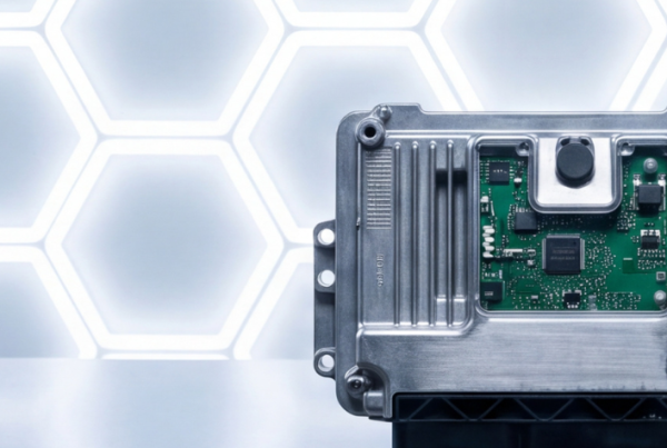 Vista detallada de una Unidad de Control del Motor (ECU) mecatrónica abierta, mostrando su placa de circuito electrónico interno, junto a su caja de embalaje de la marca Lizarte en un entorno de laboratorio.