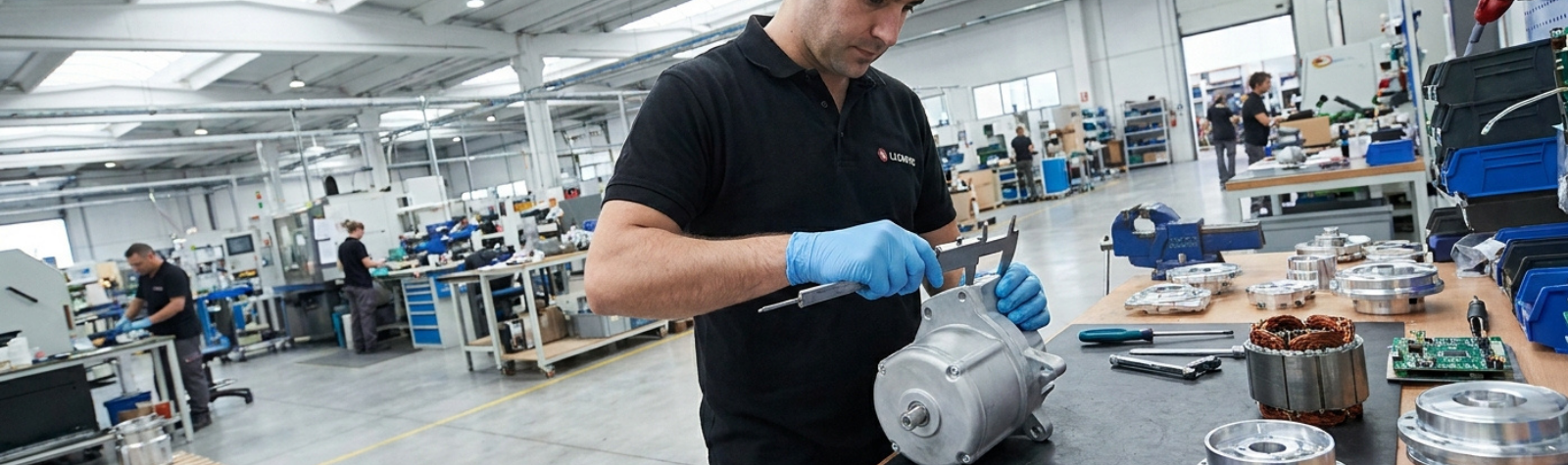 Técnico en la planta de Lizarte utilizando un calibre pie de rey para medir una carcasa de aluminio.