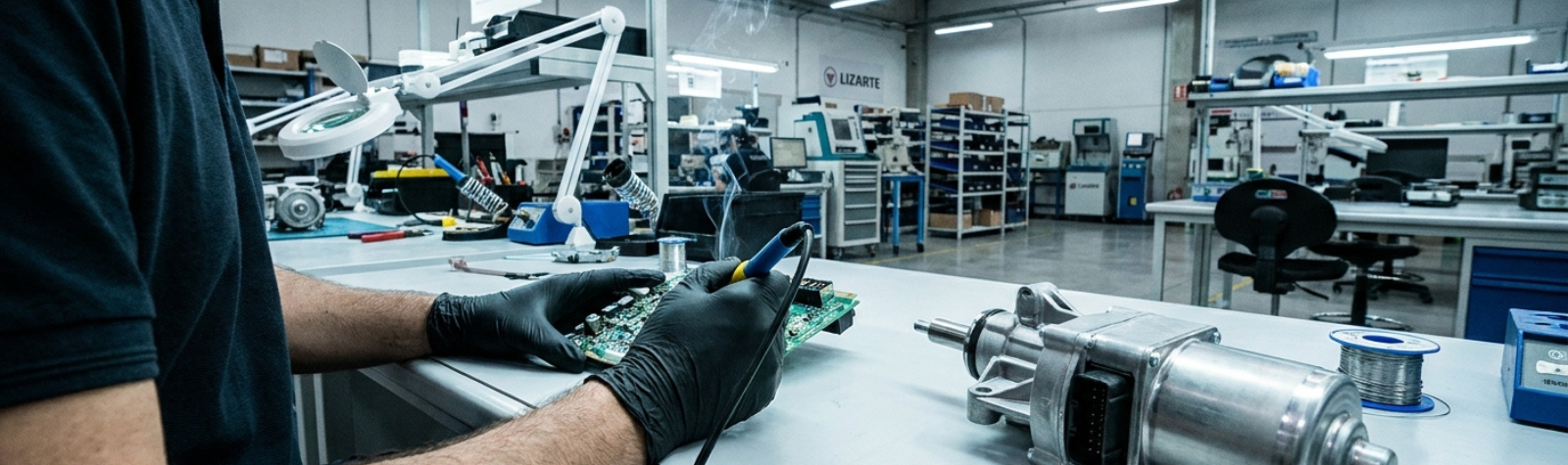 Técnico realizando soldadura de precisión en placa electrónica en el laboratorio especializado de Lizarte.