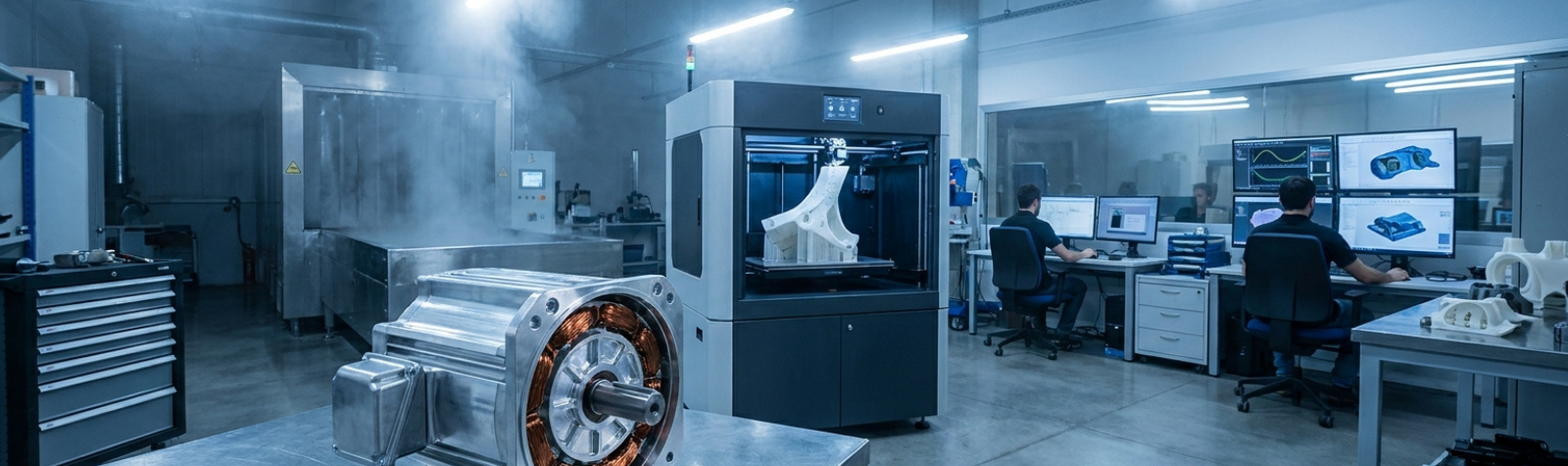 Laboratorio de I+D con máquina de impresión 3D industrial, ingenieros en puestos CAD y motor eléctrico en primer plano.