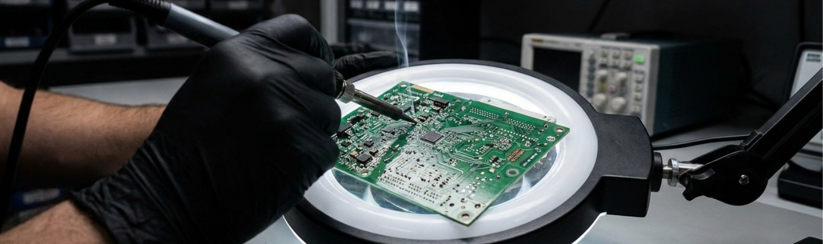 Técnico realizando microsoldadura en placa de circuito impreso bajo una lámpara con lupa de aumento.