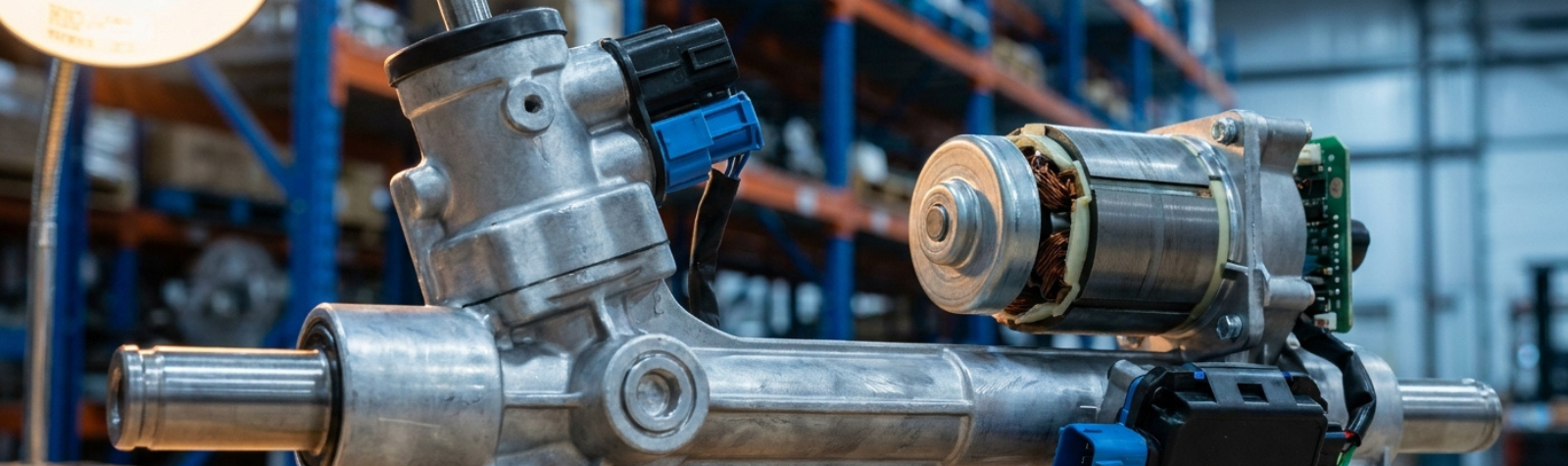 Detalle de cremallera de dirección asistida eléctrica EPS con motor, conectores azules y bobinado expuesto.