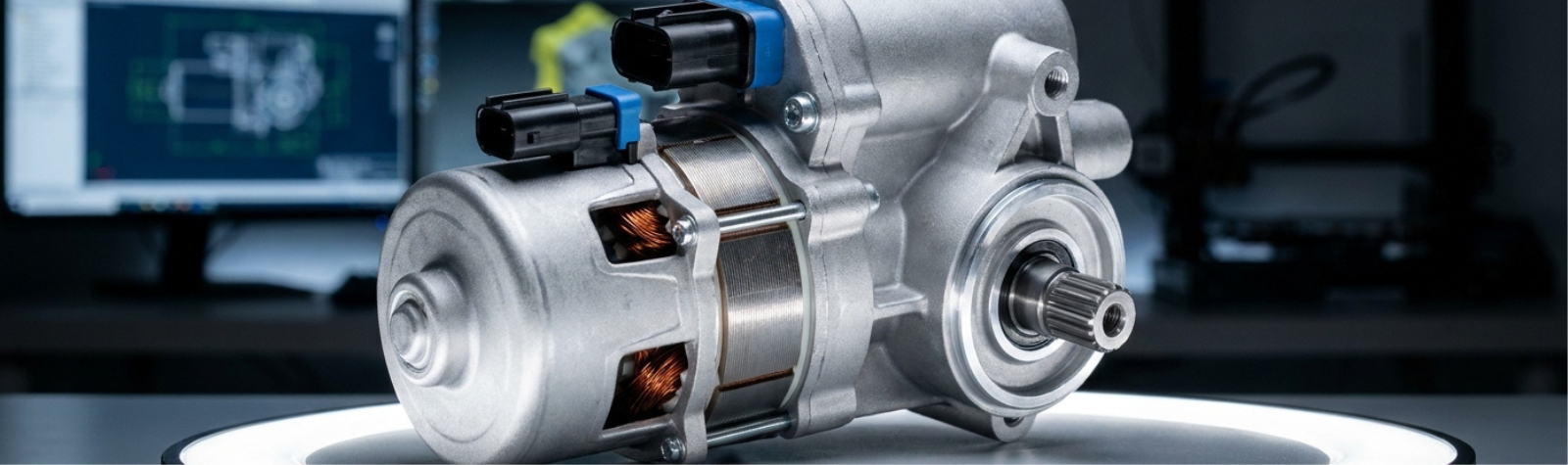 Motor de dirección asistida eléctrica EPS en plataforma de estudio con plano CAD en pantalla.