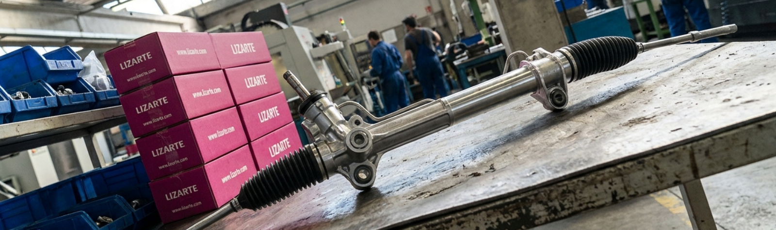 Cremallera de dirección sobre mesa de trabajo junto a cajas rosas corporativas de la marca Lizarte en fábrica.