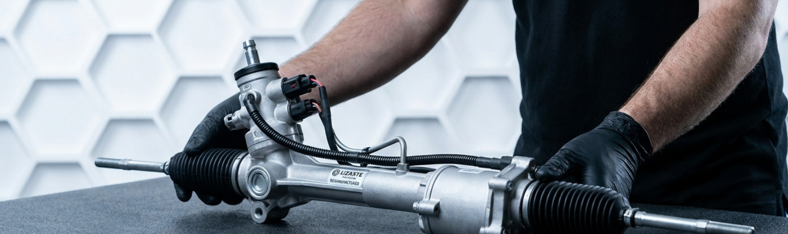 Técnico sosteniendo una cremallera de dirección eléctrica remanufacturada con sello LIZARTE REMANUFACTURED.
