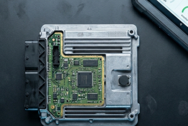 Módulo de control de motor ECU junto a tablet con pantalla de test de diagnosis de Lizarte Pamplona.