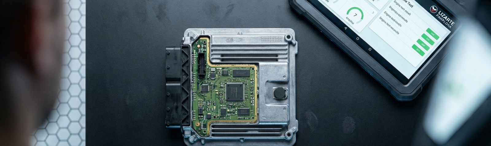 Módulo de control de motor ECU junto a tablet con pantalla de test de diagnosis de Lizarte Pamplona.
