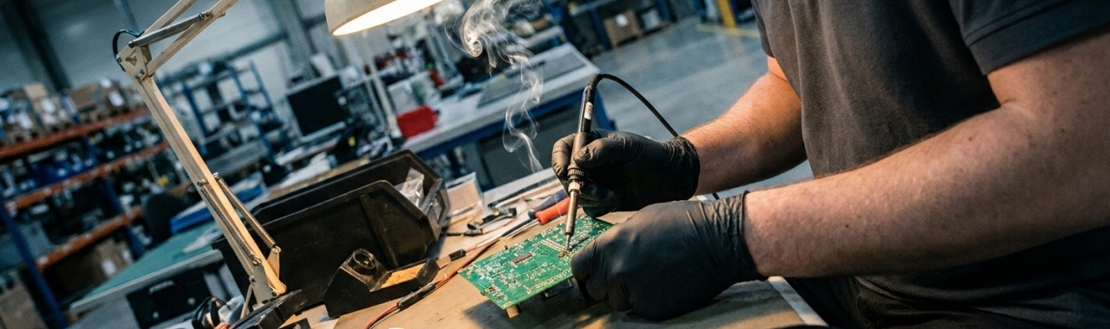 Técnico realizando soldadura de precisión en la placa PCB de una centralita electrónica.