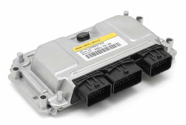 Módulo de control de motor (Engine Control Module - ECM) de vehículo sobre fondo blanco con etiqueta de serie 05A937557.