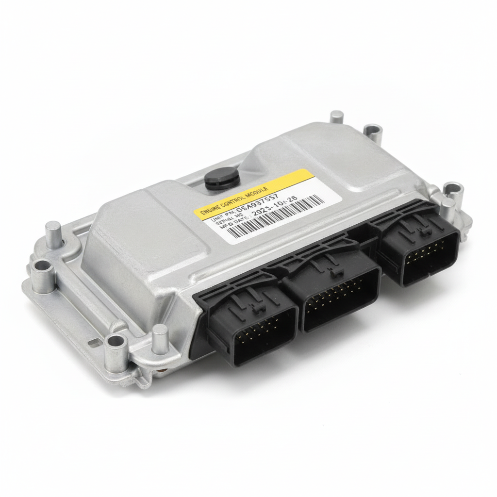 Módulo de control de motor (Engine Control Module - ECM) de vehículo sobre fondo blanco con etiqueta de serie 05A937557.