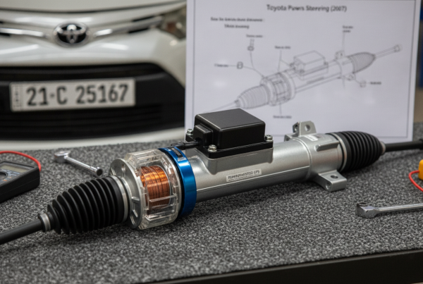 Cremallera de dirección eléctrica EPS remanufacturada para Toyota Yaris con motor y bobinado expuesto sobre mesa de pruebas junto a un esquema técnico.