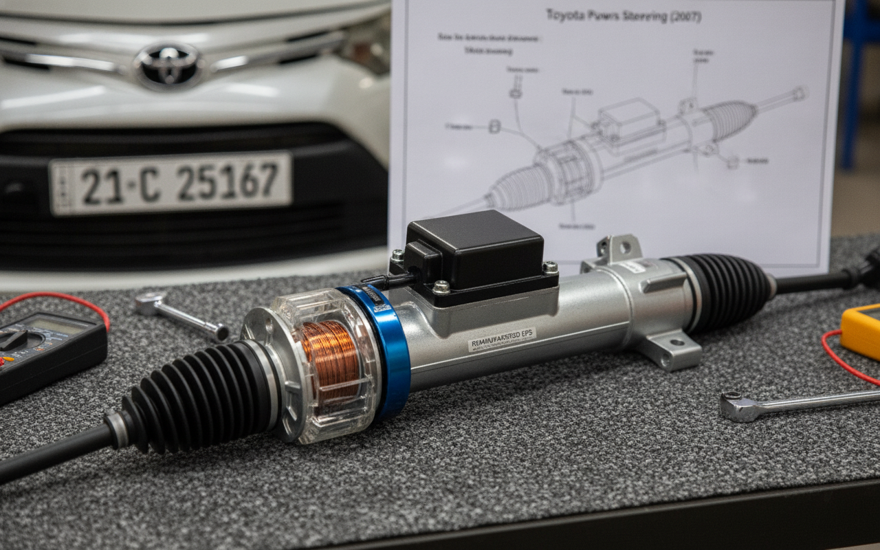 Cremallera de dirección eléctrica EPS remanufacturada para Toyota Yaris con motor y bobinado expuesto sobre mesa de pruebas junto a un esquema técnico.