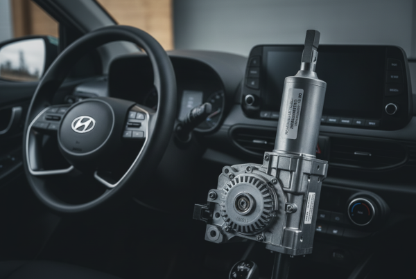 Módulo de columna de dirección asistida eléctrica MDPS remanufacturado frente al salpicadero y volante de un Hyundai i10.