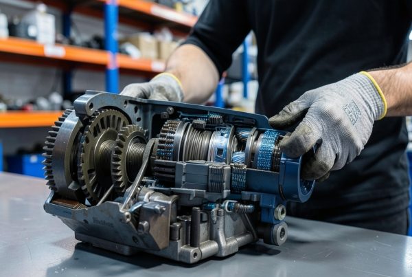 Técnico analizando un corte seccional de una transmisión automática con engranajes planetarios sobre una mesa de trabajo.