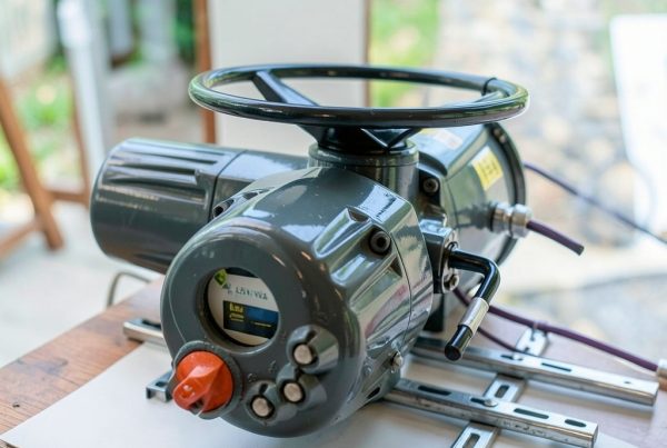 Actuador eléctrico industrial para control de válvulas con volante manual integrado y conmutador selector de modos.