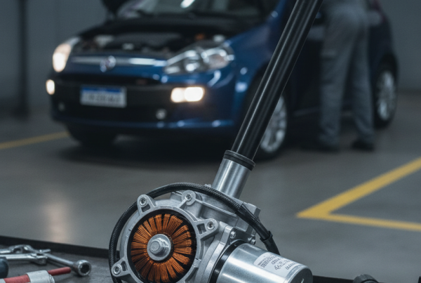 Columna de dirección eléctrica remanufacturada para Fiat Punto sobre mesa de taller mecánico con el coche de fondo.