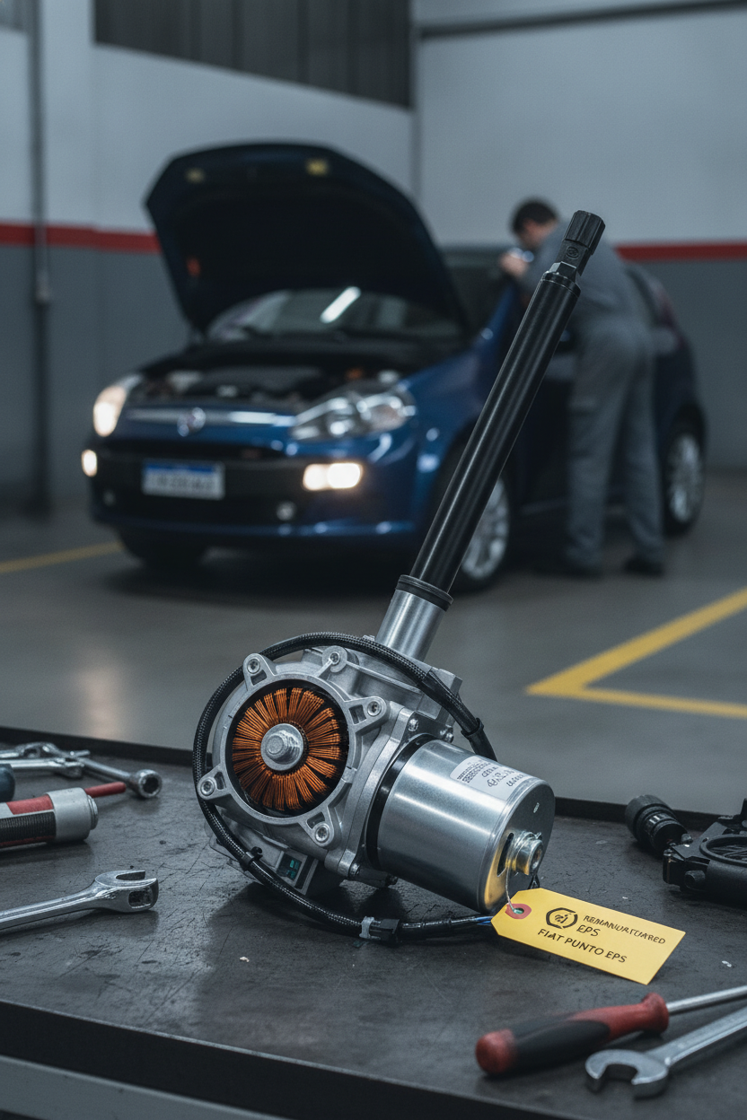Columna de dirección eléctrica remanufacturada para Fiat Punto sobre mesa de taller mecánico con el coche de fondo.