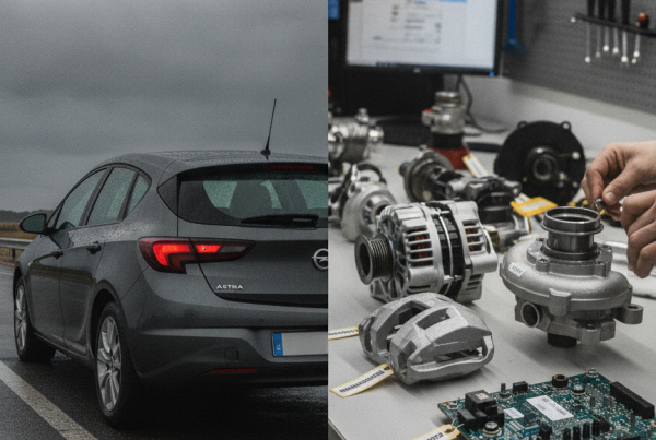 Composición dividida que muestra un Opel Astra en carretera y una mesa de taller con componentes automotrices remanufacturados como alternador, turbocompresor y placa electrónica.