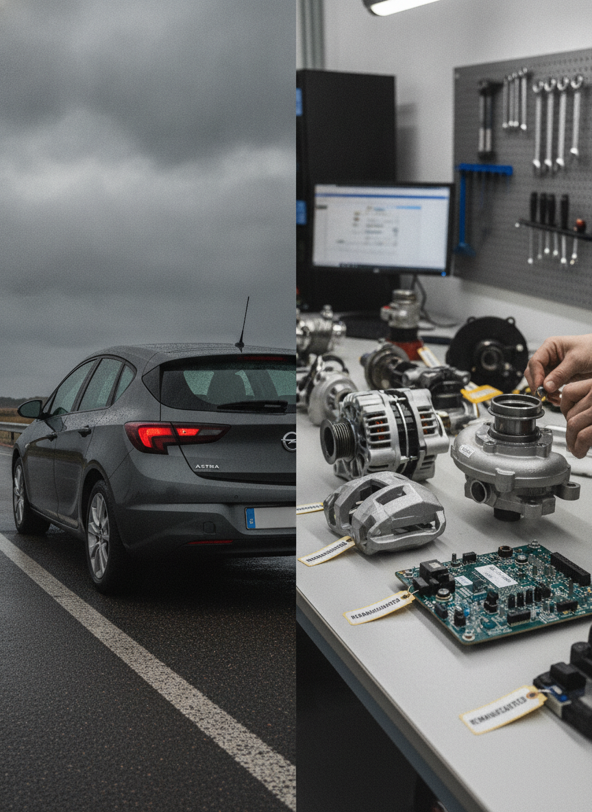 Composición dividida que muestra un Opel Astra en carretera y una mesa de taller con componentes automotrices remanufacturados como alternador, turbocompresor y placa electrónica.
