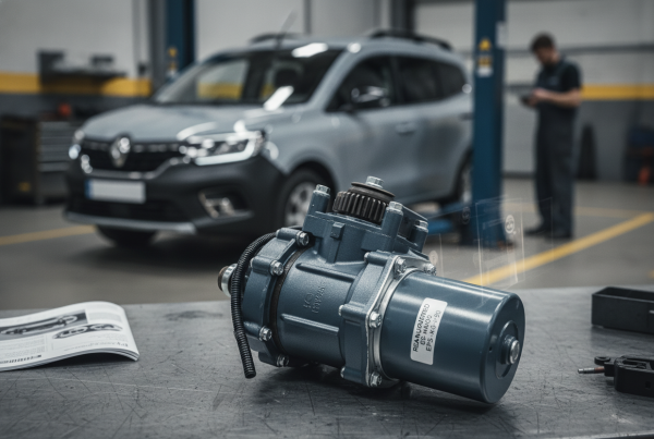 Motor de dirección asistida eléctrica (EPS) remanufacturado con engranaje superior, sobre mesa de trabajo en taller con una furgoneta Renault Kangoo al fondo.