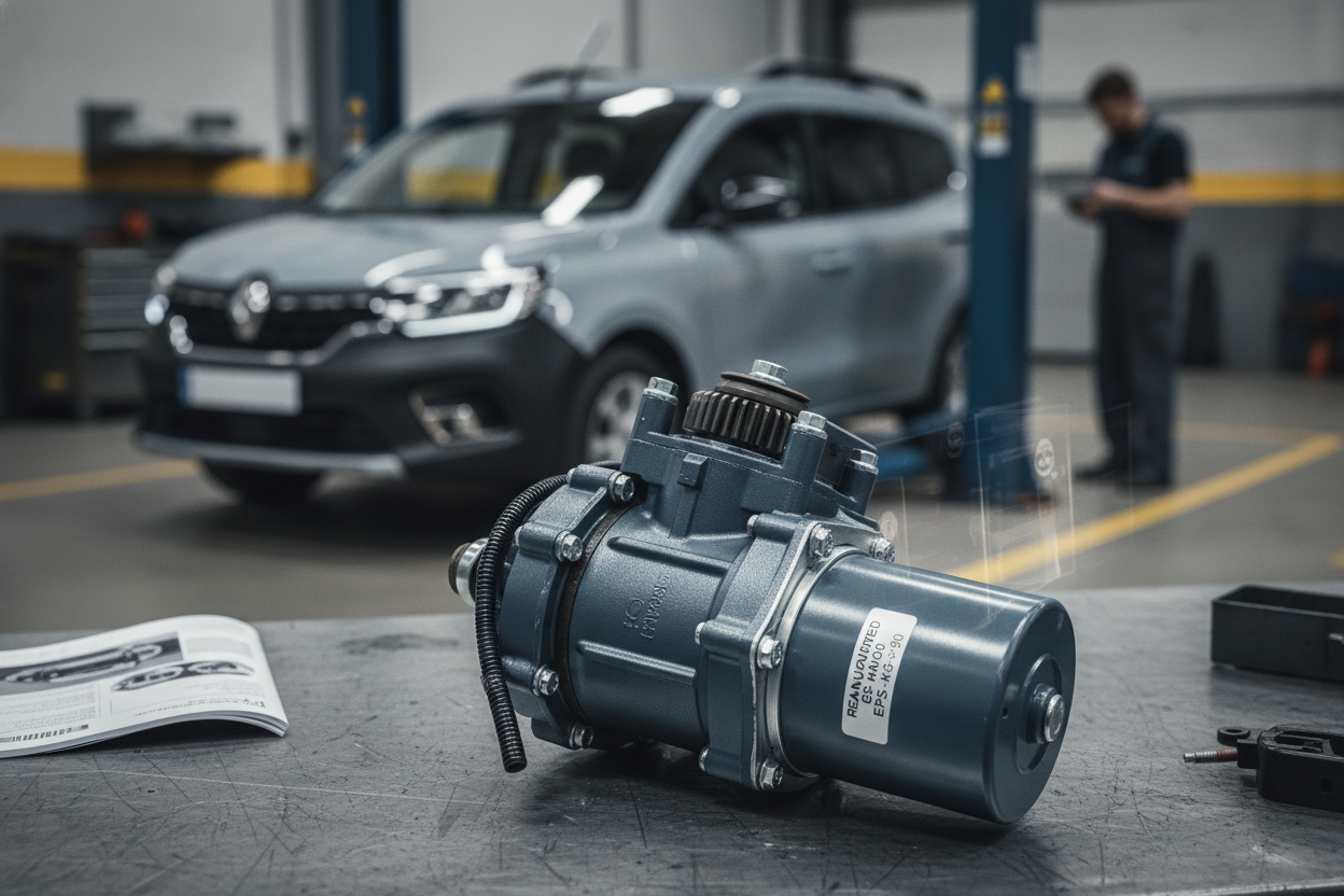 Motor de dirección asistida eléctrica (EPS) remanufacturado con engranaje superior, sobre mesa de trabajo en taller con una furgoneta Renault Kangoo al fondo.